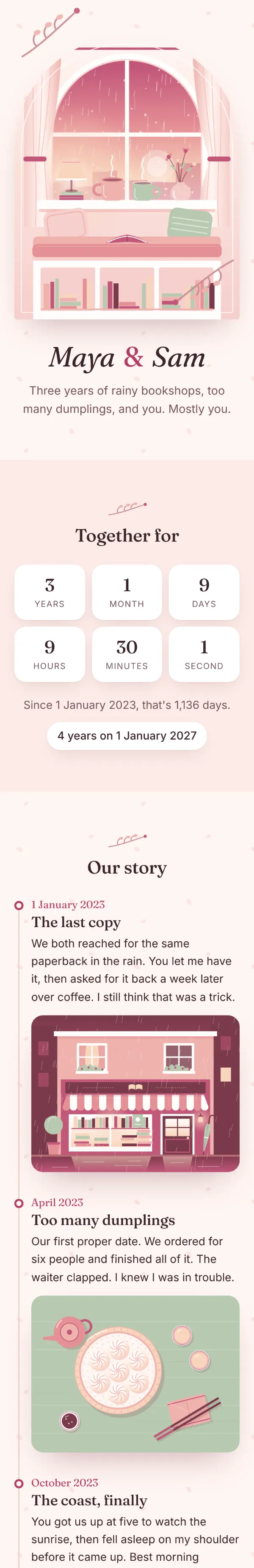 The blush example page for Maya: cover photo, time together and their story