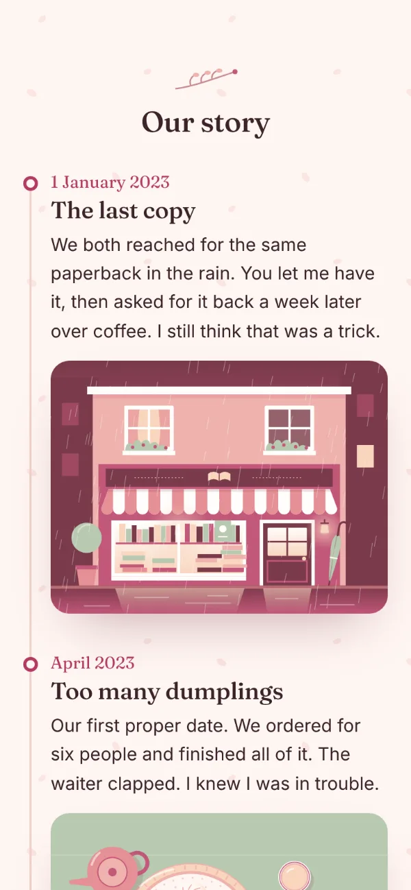 Blush example: the story section of a page for maya, from sam