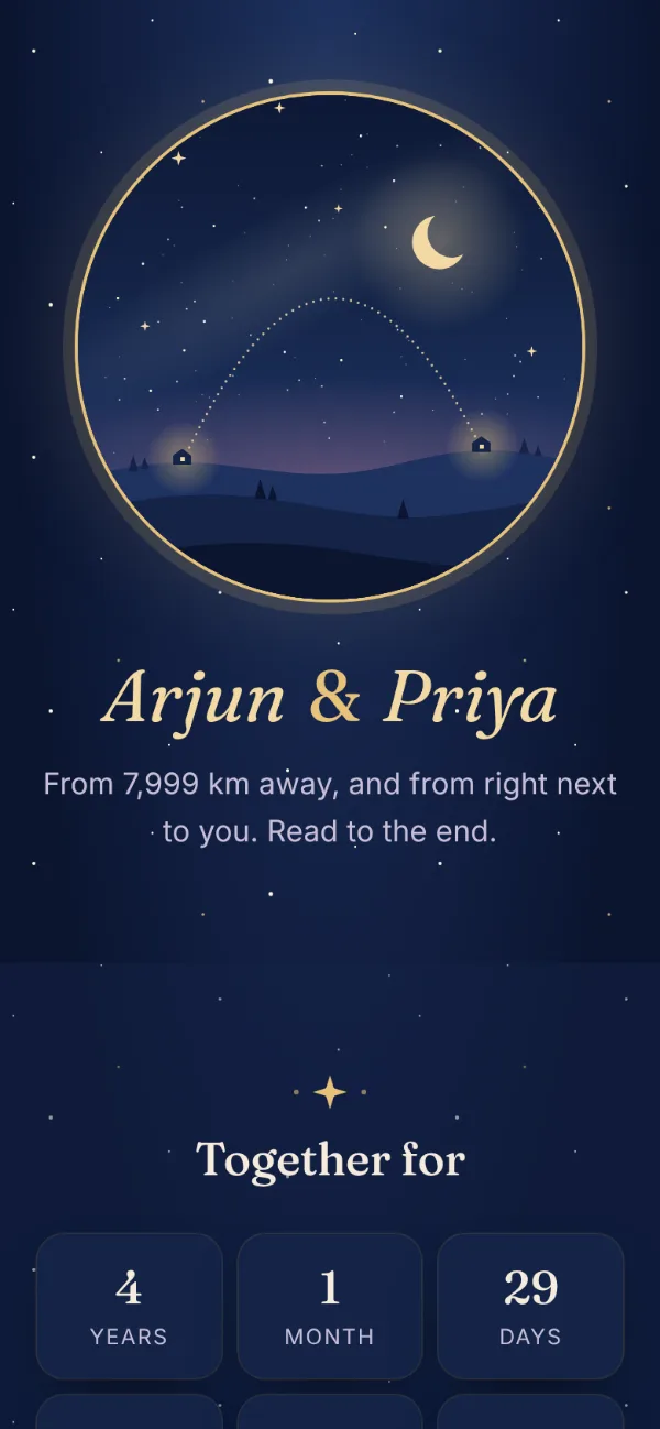 Midnight look: the opening screen of a page for Arjun, from Priya