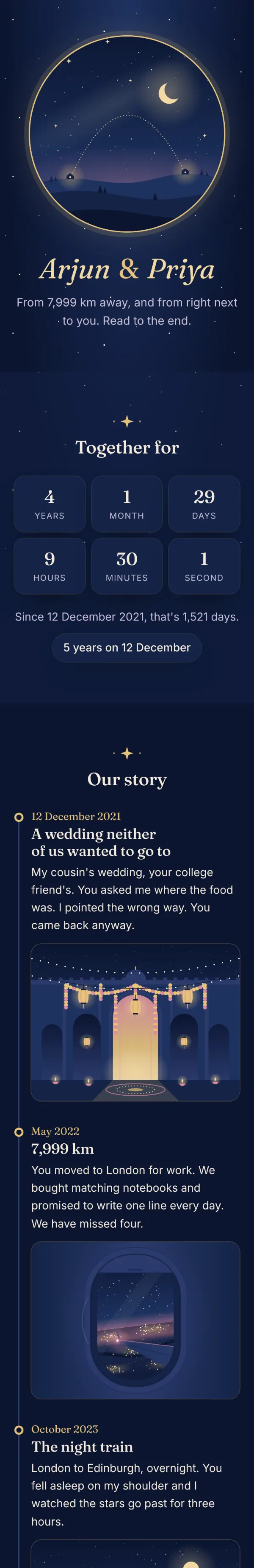 The midnight example page for Arjun: cover photo, time together and their story