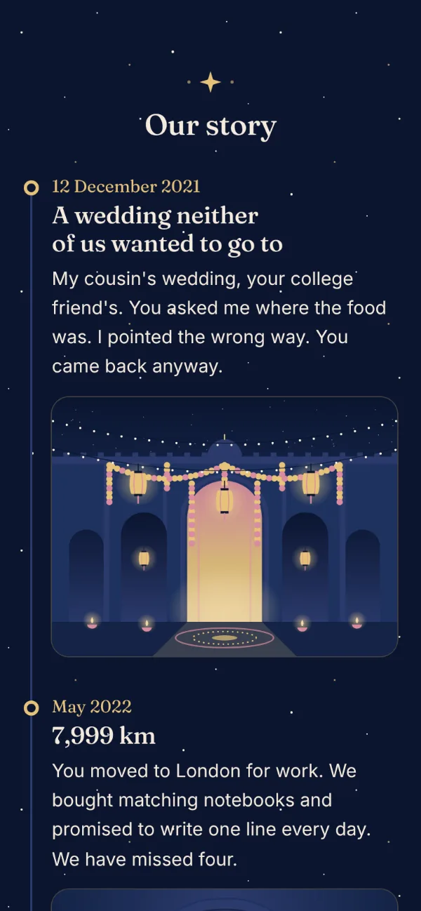 Midnight example: the story section of a page for arjun, from priya